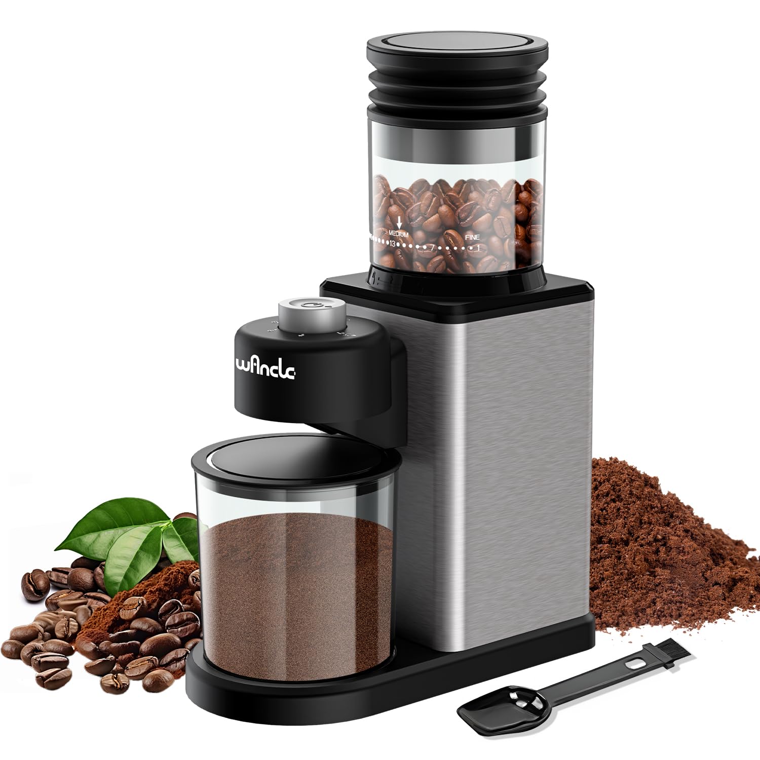 Wancle Conical Burr Coffee Grinder with its main components labeled