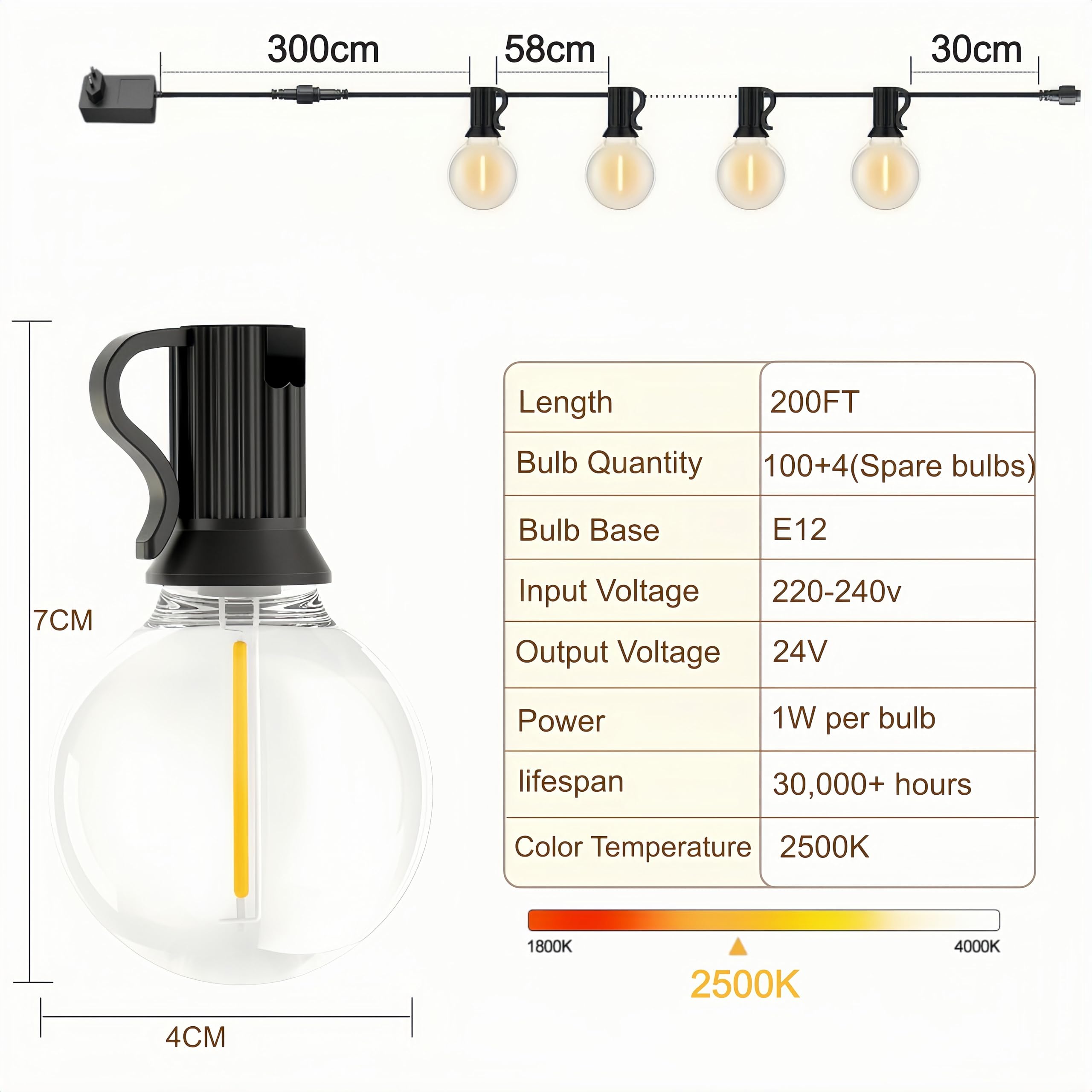 Catena Luminosa Esterno, 60M IP45 Impermeabile Collegabile Luci Giardino con 100+4 G40 Lampadine in Plastica Infrangibile, Bianco Caldo 2500K per Giardino, Patio, Feste, Matrimoni
