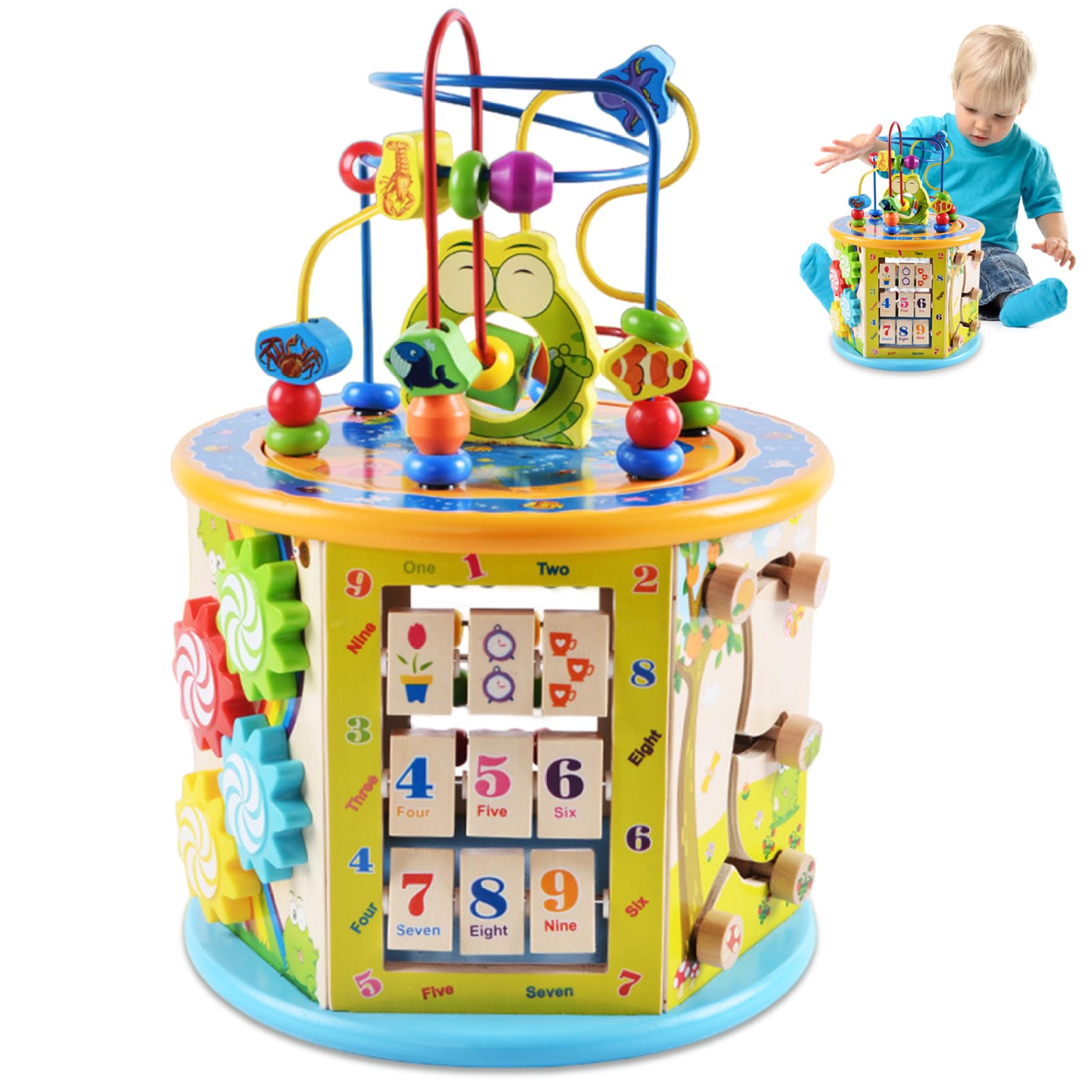 Holz-Baby-Aktivitätswürfel, Montessori-Spielzeug mit Perlenlabyrinth-Formsortierer, Abakus für Kleinkinder