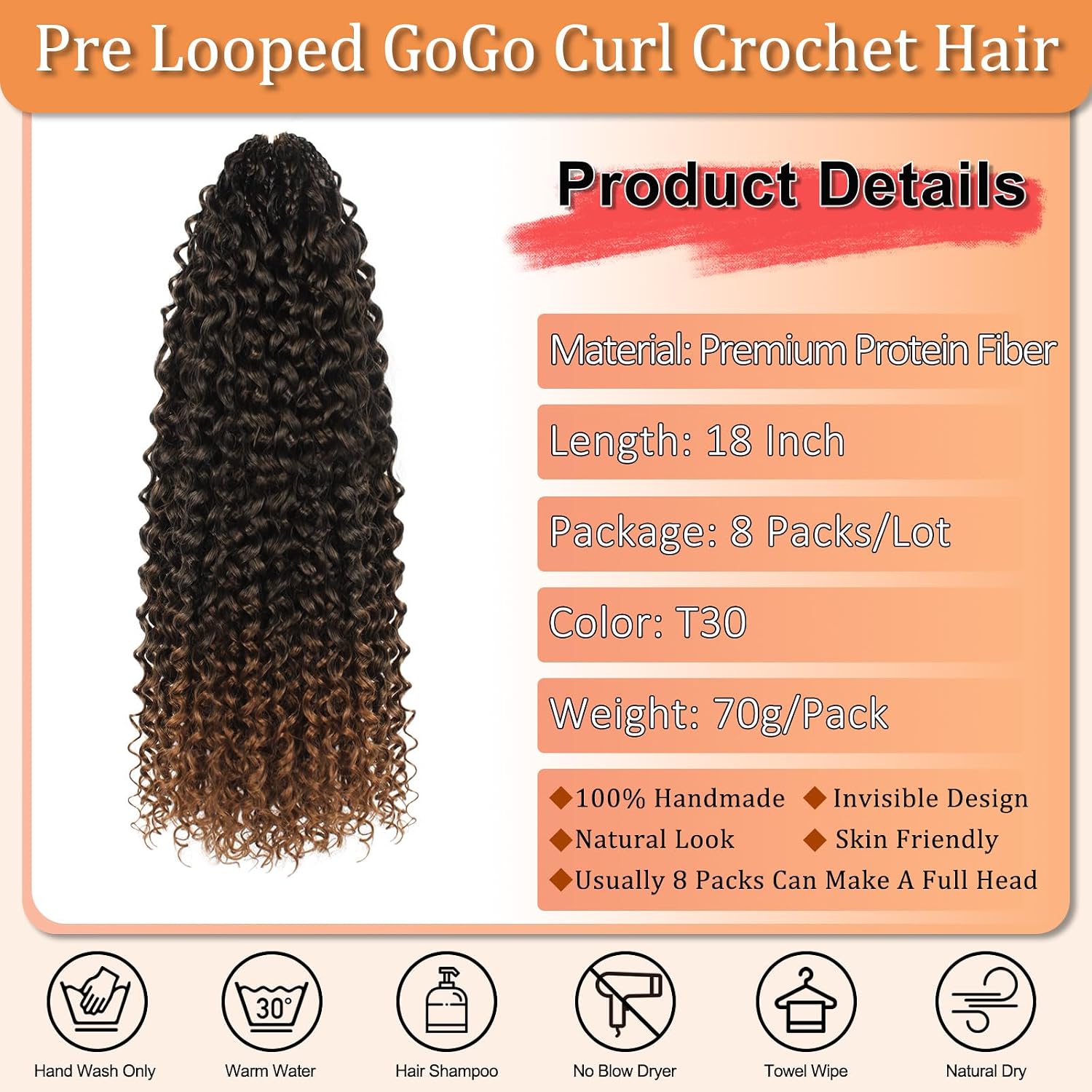 GoGo Curl Pure Protein Fiber Close to Human Hair Pre Looped 18 Inch Curly Crochet Hair Pre Twisted Boho Ocean Water Deep Wave Beach Curls Crochet Braids for Women (18inch, 8Packs, T30)