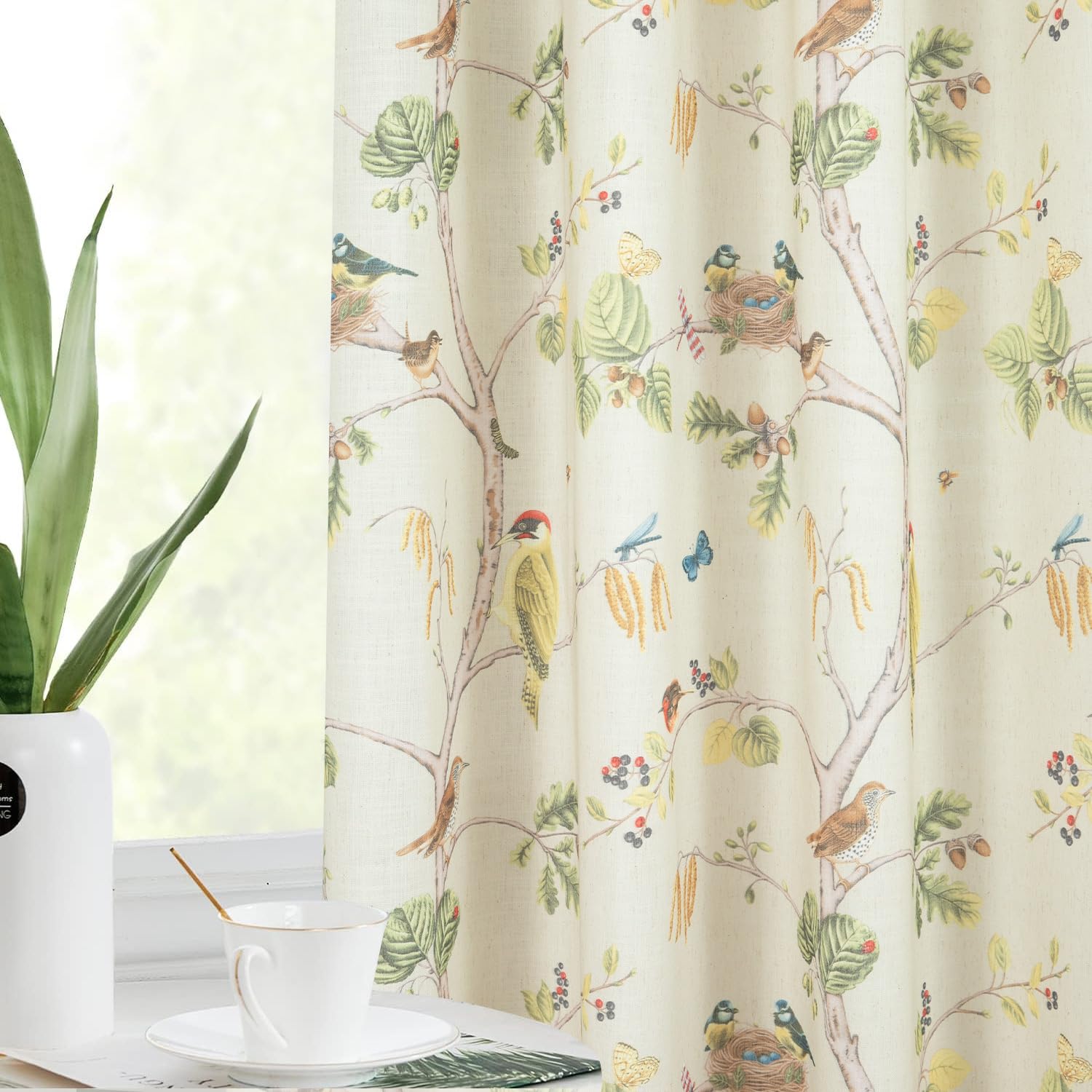 Leeva Raumverdunkelnde Schlafzimmervorhänge – Bauernhaus-Design, Lebendiger Vogel-Blumen-Druck, 132x213 Cm
