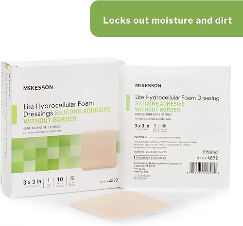 Miniatura 5 de McKesson Lite - Apósitos de espuma hidrocelular, estériles, adhesivo de silicona sin borde, 3 x 3 pulgadas, 10 unidades, 1 paquete