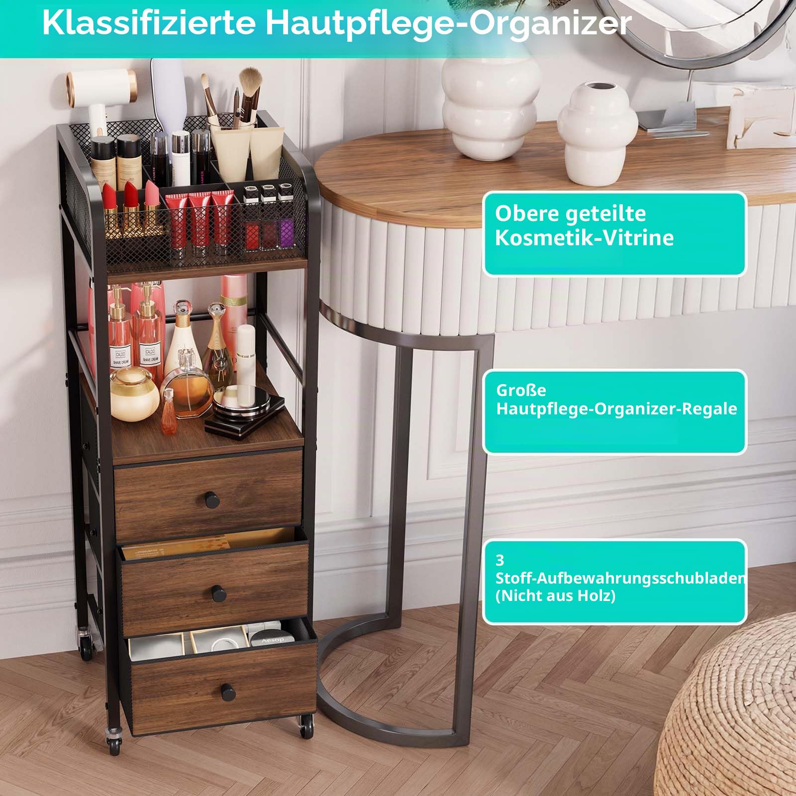 Kosmetik Rollwagen mit 3 Schubladen - Hautpflege Organizer für Kosmetikstudio, Parfüm, Nagellackbürste