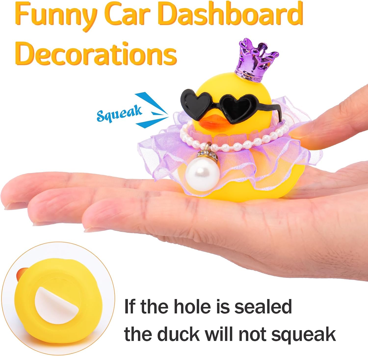 wonuu Rubber Duck Car Dashboard Decoration, Duck Car Ornament Cute Car Accessories with Mini Crown Dress Pearl Necklace Glasses, Purple Skirt