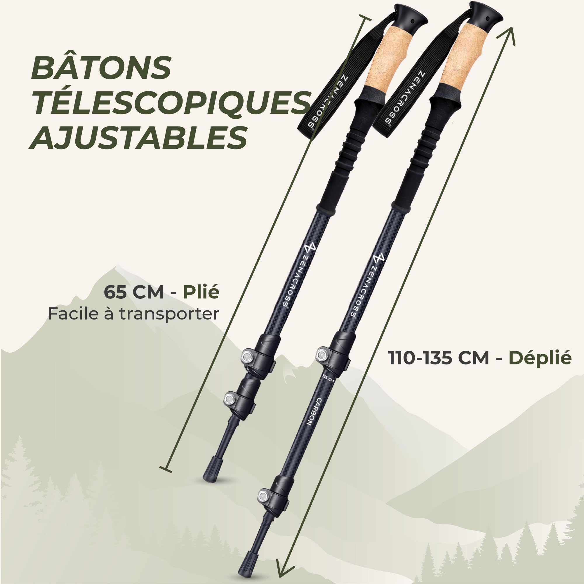 Bâtons de Randonnée - Bâton de Marche Télescopique | Marche Nordique · Homme & Femme · Poignée Liège Naturel · Ultra Léger · Réglable · Accessoires Randonnée