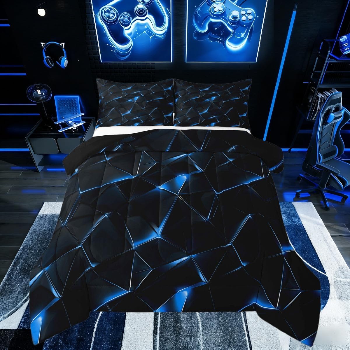 Erosebridal Comforter Set Gradient Rock Teen Boy Room Decor Anime Bedding | Blue Crack Line Glowing Bedding Modern Lines Neon Boys Comforter Sets for Teens