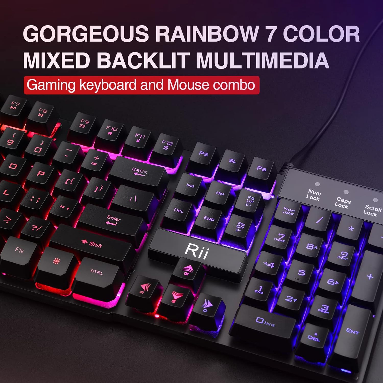 Rii Gaming Keyboard and Mouse Set, Multiple Color Rainbow LED Backlit Multimedia PC Gaming Keyboard,Office Keyboard Colorful Breathing Backlit Gaming Mouse for Working or Primer Gaming,Office Device