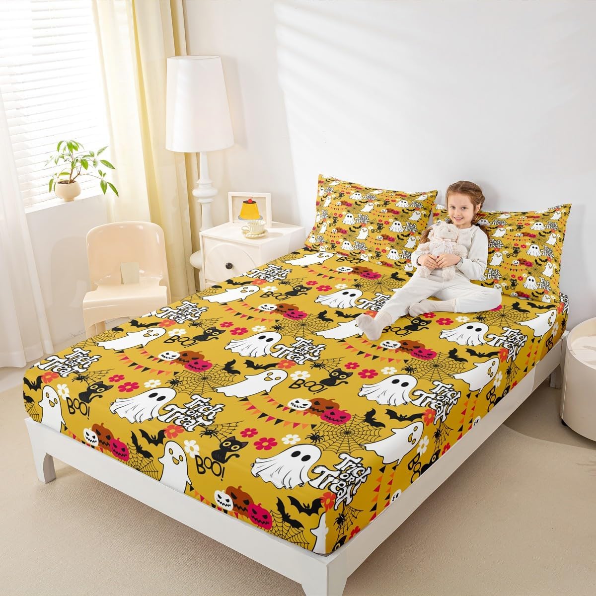 Cartoon Ghost Spider Fitted Sheet Goth Halloween Bats Full Size Bed Sheets - Gothic Black Cat Cobwebs Floral Pumpkin Lantern Bedding Set,Yellow