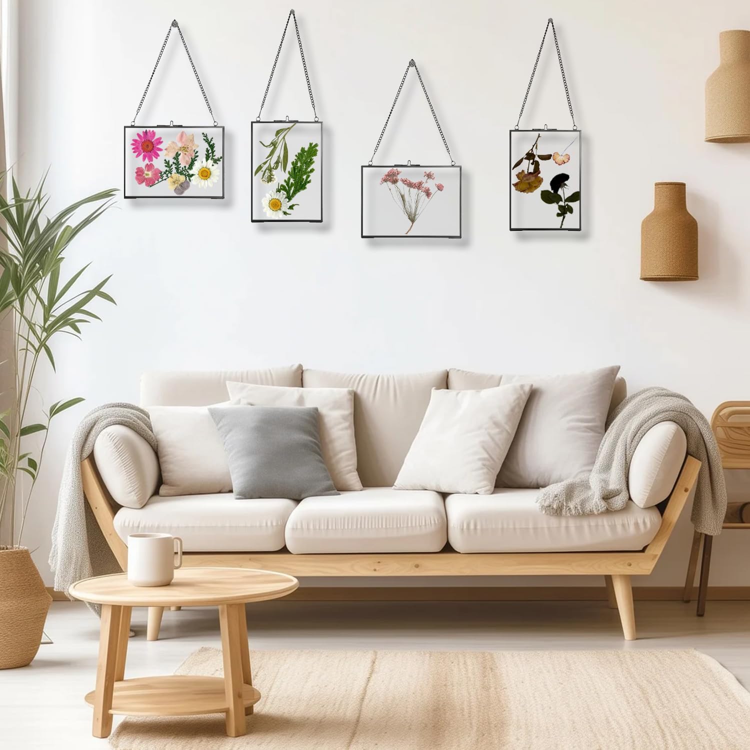 4 Pack 5" x 7" Pressed Flower Frame Black Glass Hanging Frames with Chain, Vintage Pressed Photo Frame Floating Pressed Picture Display Frames for Dried Flower Plant Specimen