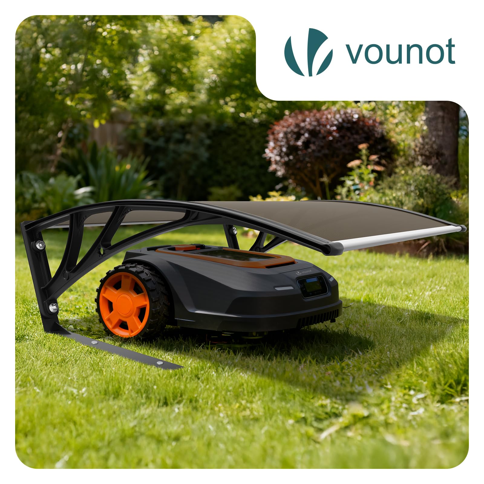 vounot® Garage de Tondeuse Robot 104x80x45 cm Abri pour Robot avec Pied en Métal Tondeuse Protection Exterieur Contre Pluie UV et Intemperies Toit Rigide pour Jardin Pelouse Marron Foncé