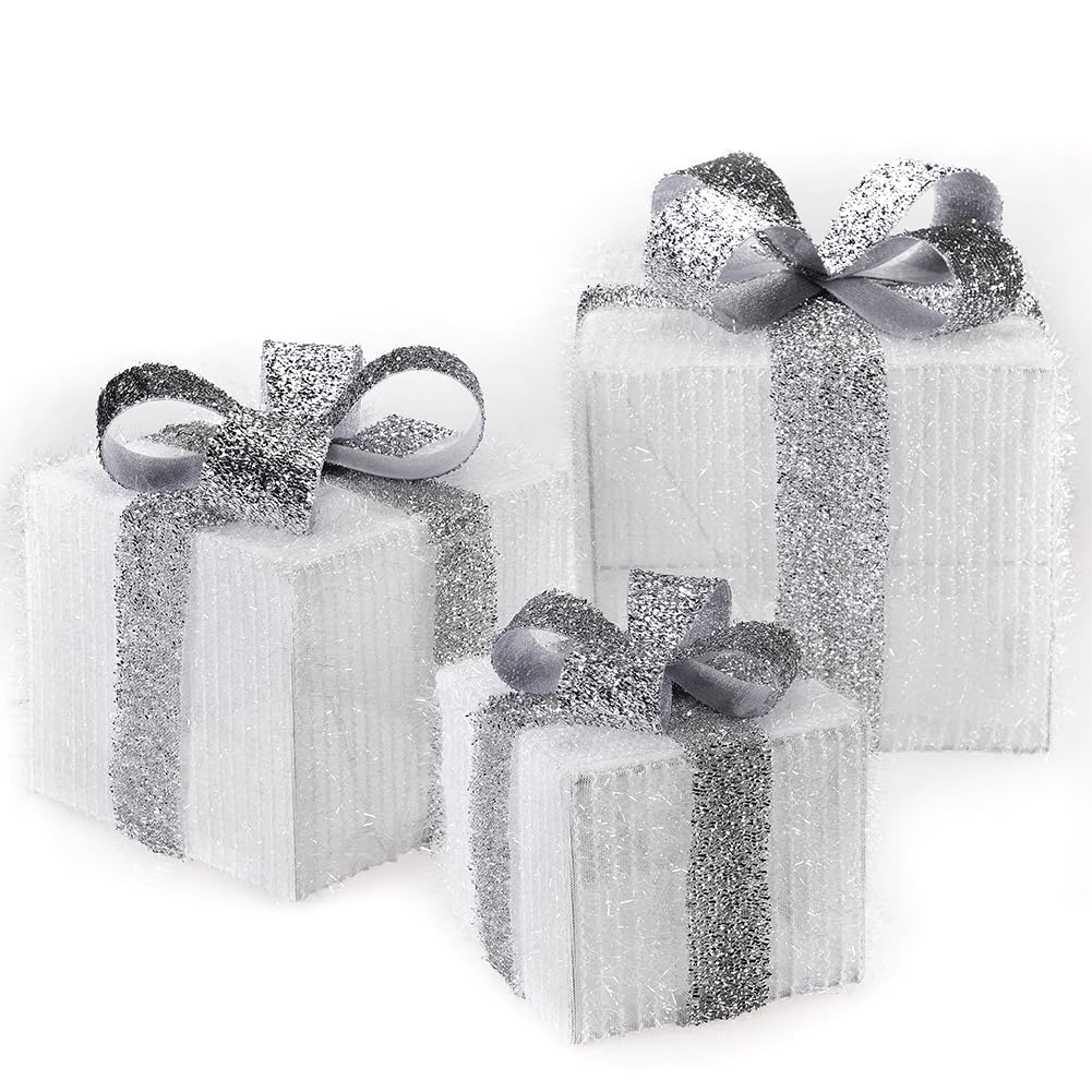 BAKAJI Set 3 Pacchetti Pacchi Regalo Luminosi di Natale con Decorazioni Addobbi Luci LED Natalizie Box Luminose in Rattan Natale Scatole con Luci Festive Kit Decorazioni Natalizie Interni Esterni…