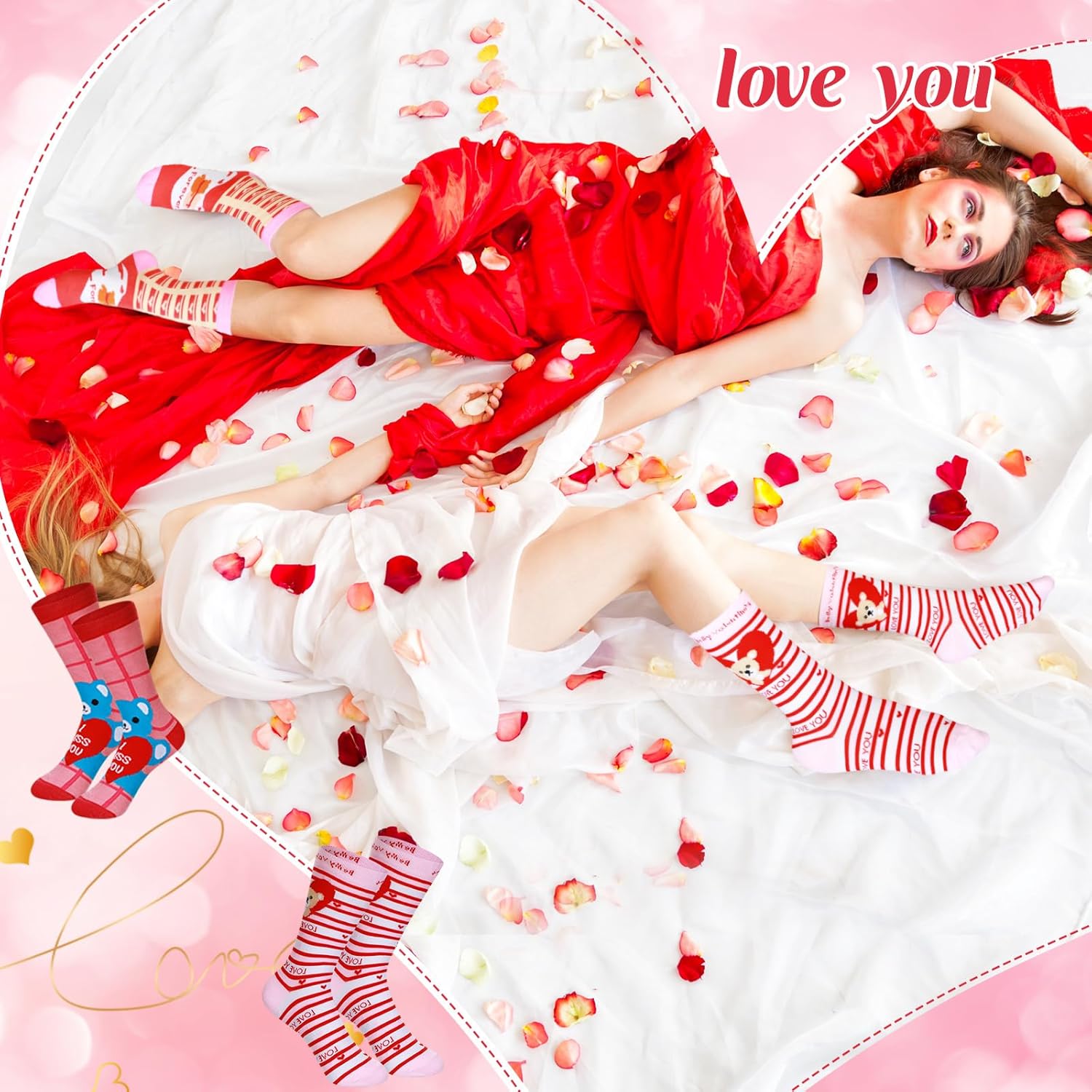 24 Pairs Valentine‘s Day Socks 7.5 Inch Hearts and Love Socks Bulk Pink Red Colorful Pattern Novelty for Women Men(Bear Style) - Image 2