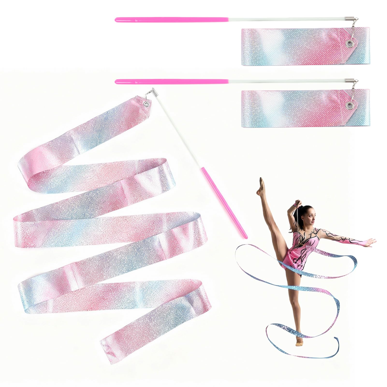 Flashing Dance Ribbons with Pink Wand, Rhythmic Gymnastics Ribbon Set, 2m Streamer Wands with non Slip Handles, Lightweight Satin Waving Ribbons for Artistic Dance, Kids Training and Performance Use