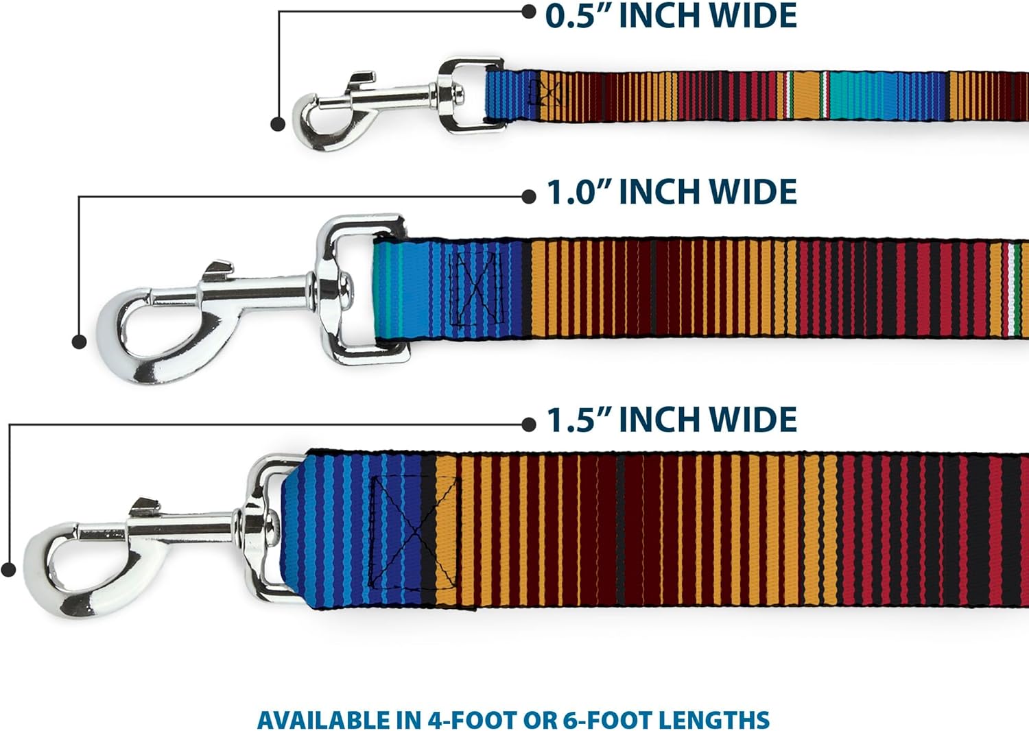 Dog Leash Zarape6 Vertical Stripe Gold Blues Black Red 4 Feet Long 1.5 Inch Wide