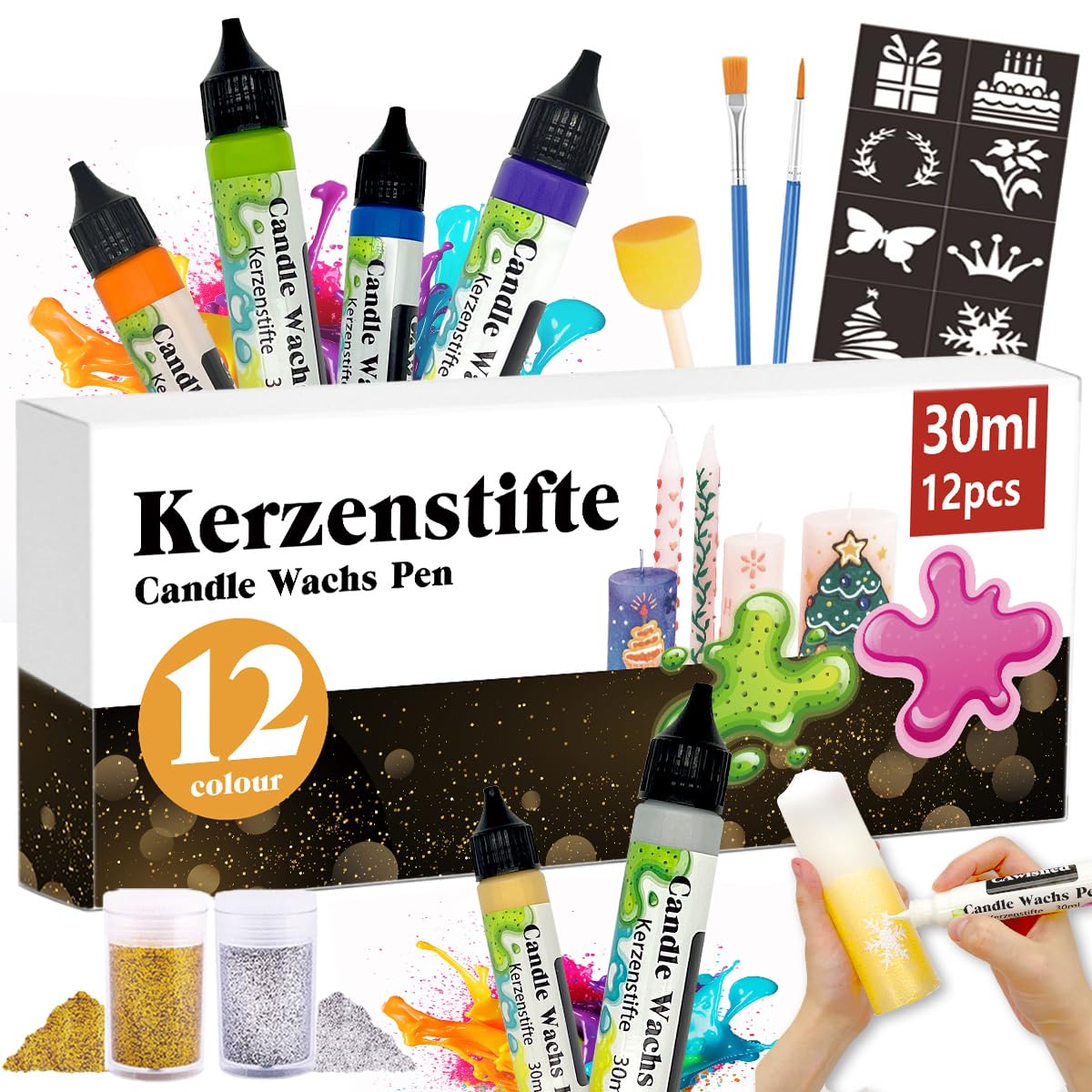 CAwished 30ml Candle Painting Set with fine Glitter Gold Silver Wax pens for Ideal for Candle Decorating & Designing Color (12 Colors)