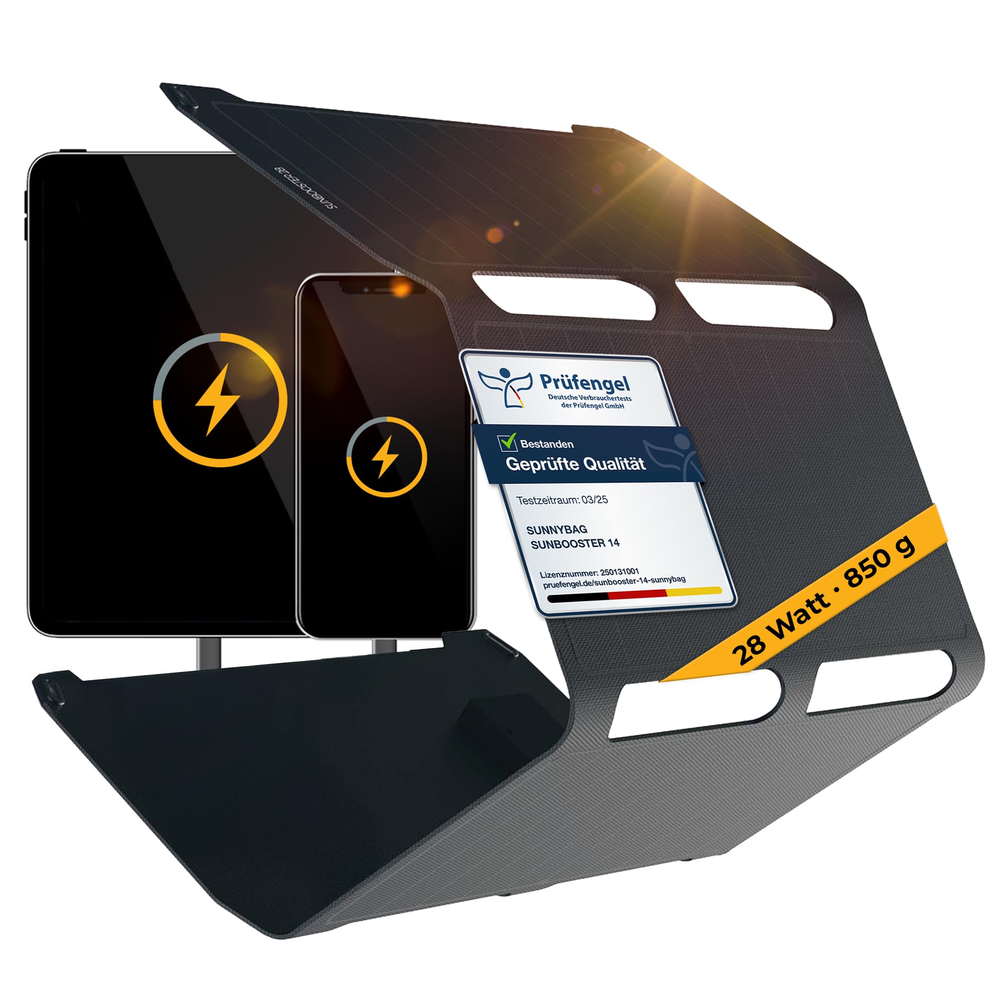Sunnybag SUNBOOSTER 28 | Caricatore solare portatile da 28 Watt | pieghevole, efficiente, impermeabile, 2 uscite USB, cellulare, tablet, power bank in viaggio, per attività all'aperto, escursioni,