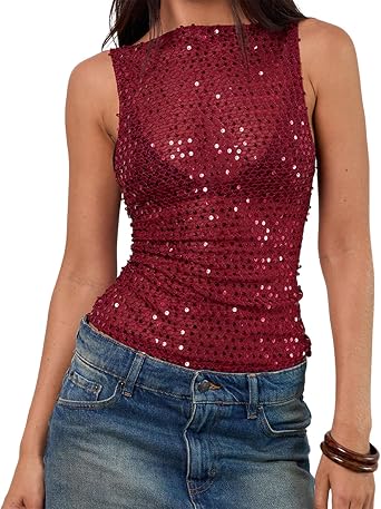 Womens Sequin Tank Tops Sheer Mesh See Through Sleeveless Vest Going Out Sparkle Glitter Shirts Party Clubwear