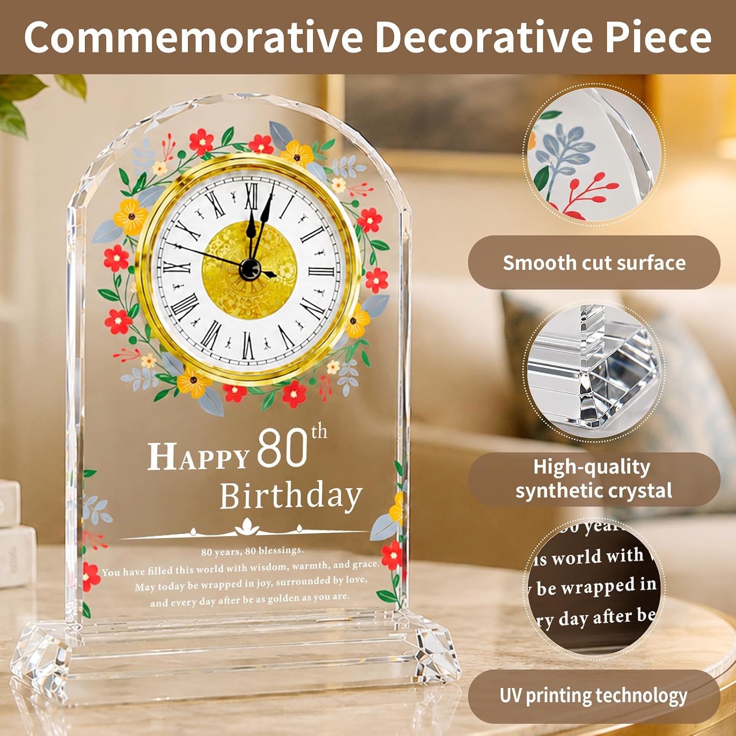 Happy 80th Birthday Crystal Clock Gifts for Women Men, Quartz Desk Clock Keepsake for Mom Dad Grandpa Grandma, 80 Year Old Birthday Gift Ideas, Elegant Home Decor
