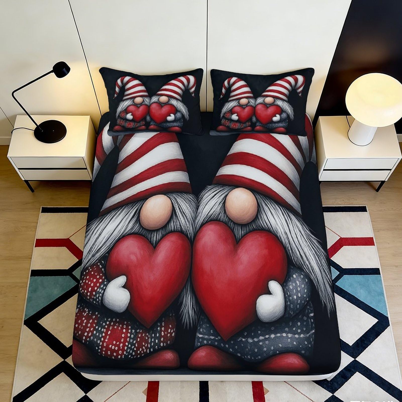 3D Printed Valentine Gnomes Fitted Sheet Microfiber Soft Durable 3D Printed Heart Mattress Cover for Bedroom Dormitory Guest Room Protection 180x200x25cm