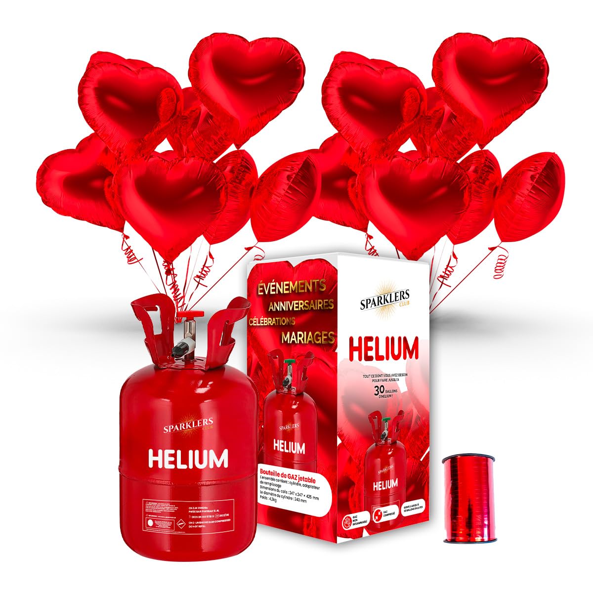 SPARKLERS CLUB Bouchet de 20 globos de corazón rojo + HELIUM + CINTA enamorada, ideal para San Valentín, fiesta temática
