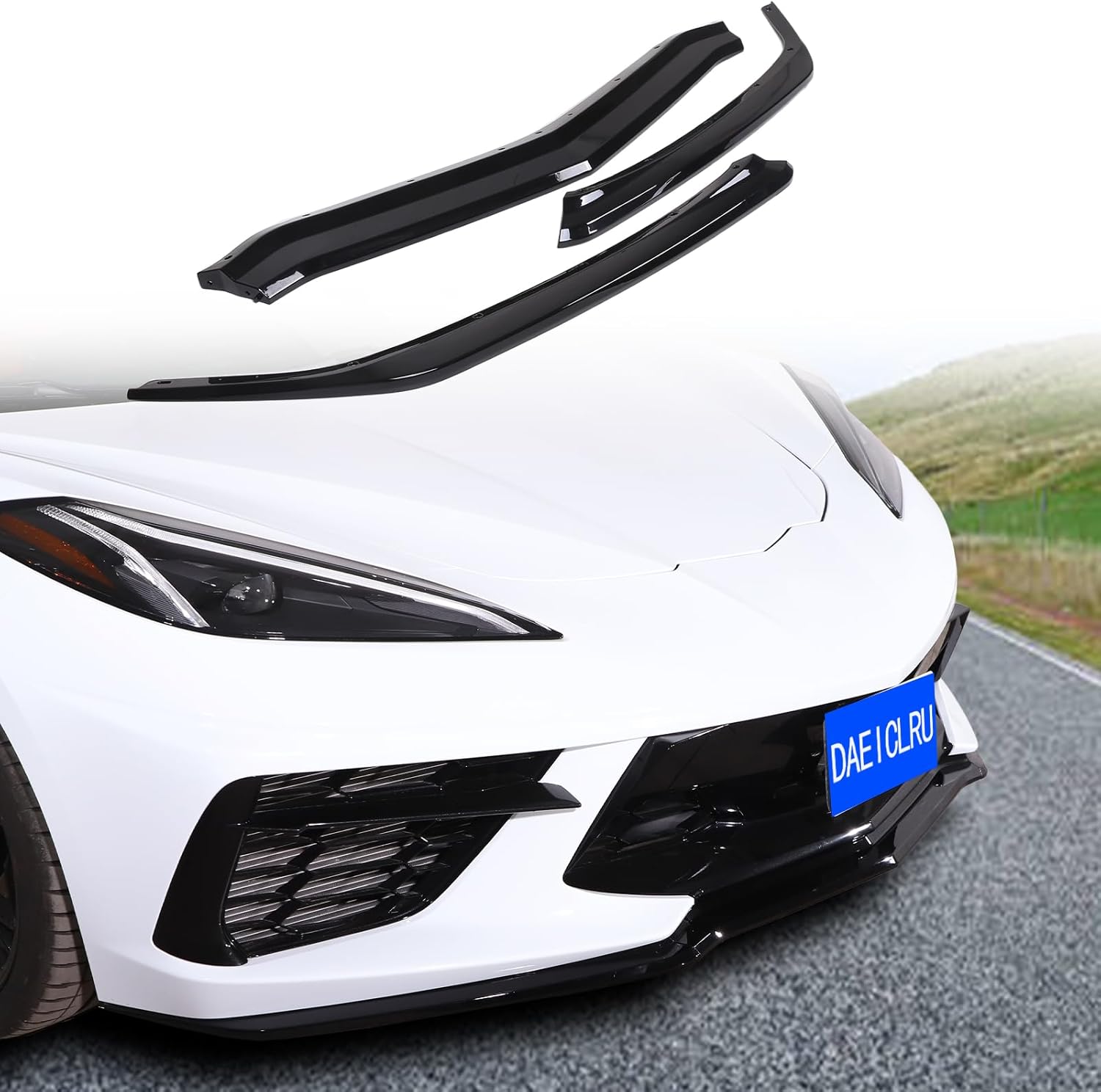 Daeiclru Front Bumper Lip Splitter Compatible with Chevrolet Corvette C8 Z51 2020-2023, ABS Front Bumper Lip Chin Spoiler Splitter, Front Bumper Lip Splitter Replacement Kit Accessories (Glossy Black)