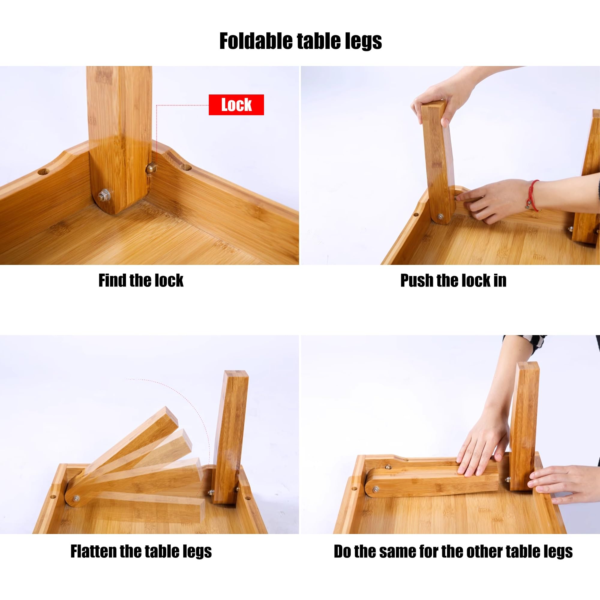 Plateau de lit pliable avec 4 pieds, design en bois massif peu encombrant, pas de montage nécessaire, parfait pour servir le petit déjeuner au lit ou le travail à la maison