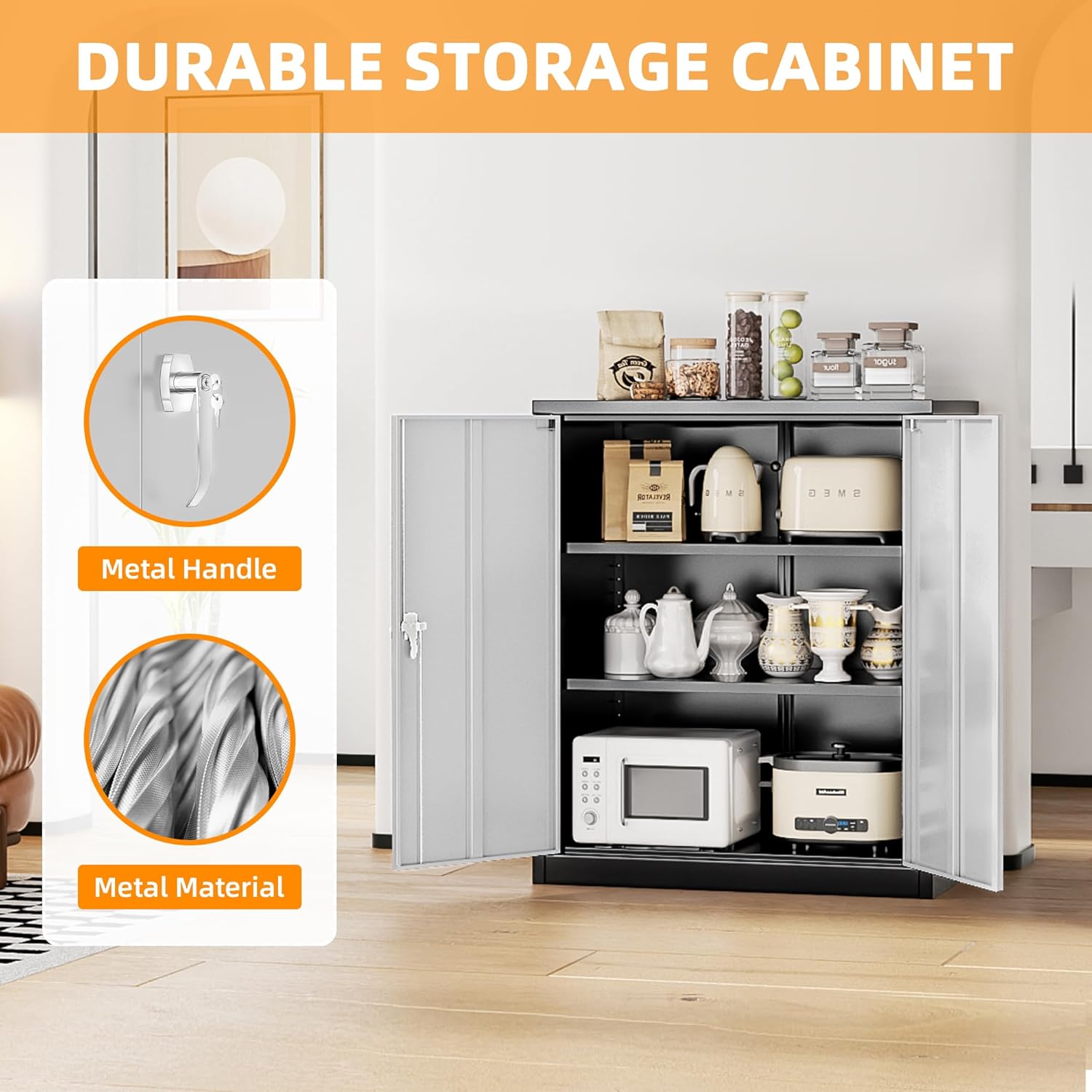Black and Gray Lockable Metal Storage Cabinet with Shelves