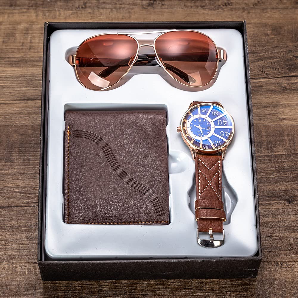 HMTE Business Casual 3 pz/Set Regalo degli Uomini Set Orologio Squisito Occhiali da Sole Cintura in Pelle Set Regali per Gli Uomini Fidanzato papà Regalo di Giorno del Padre