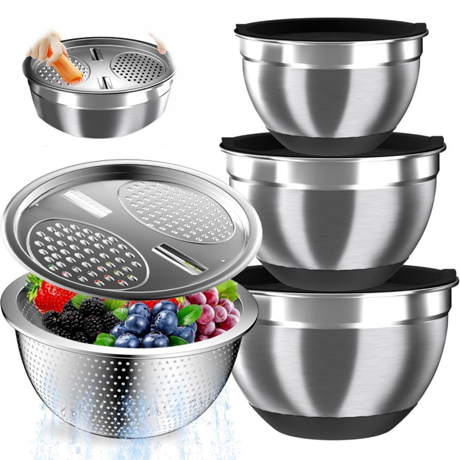 Set aus Rührschüsseln mit Deckeln Edelstahl Rührschüsseln Küchenhelfer，B2 | Platzsparendes Schüssel-Set mit luftdichten Deckeln, Seiher, Reibeneinsätzen und rutschfesten Böden