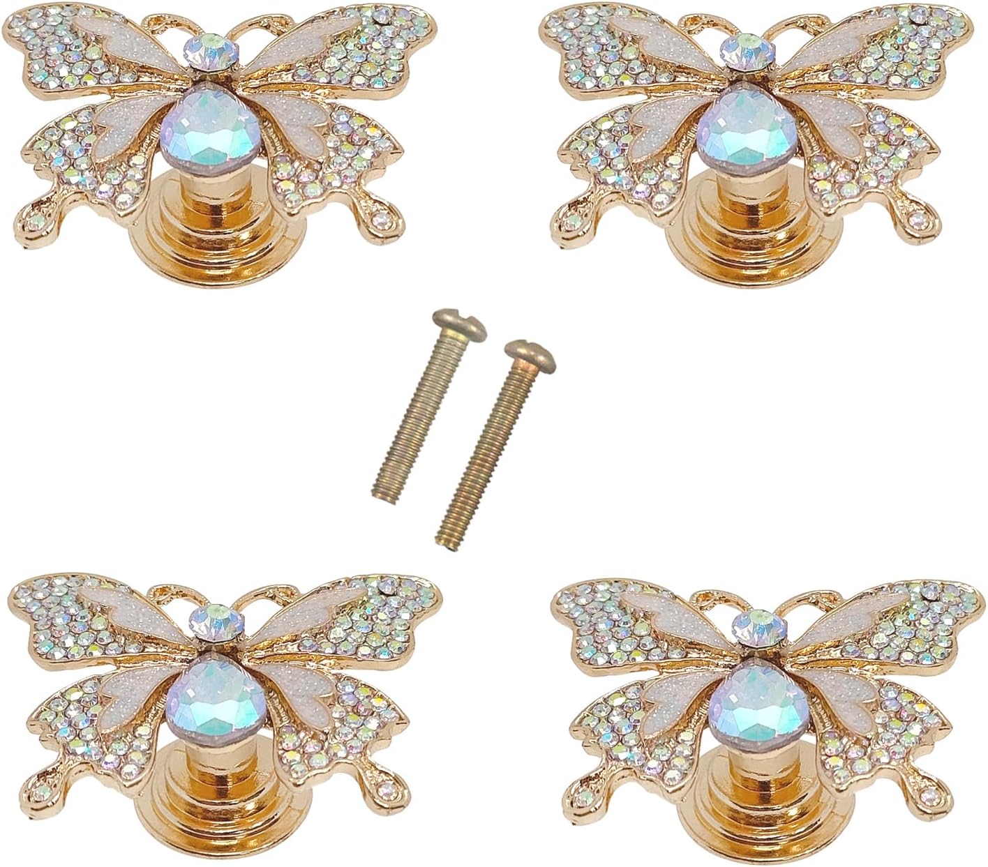 4pcs Butterfly Handle Creative Cabinet Drawer Wardrobe Dresser Zinc Alloy Knob Furniture Door Single Hole Handle (Gold Rhinestones)