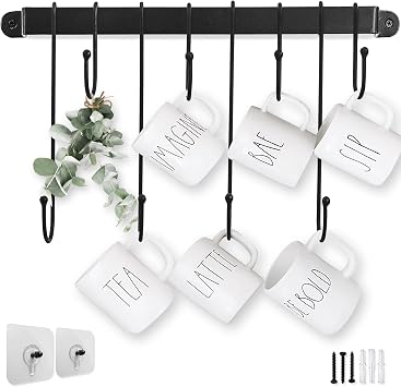 Coffee Cup Holder with 8 Hooks - Screws & Adhesive Strips for Coffee Bar | 17 Inch Matte Black Steel, Coffee Bar Accessories, Tea Cup Display, Kitchen Storage, Long and Short Hook Combination