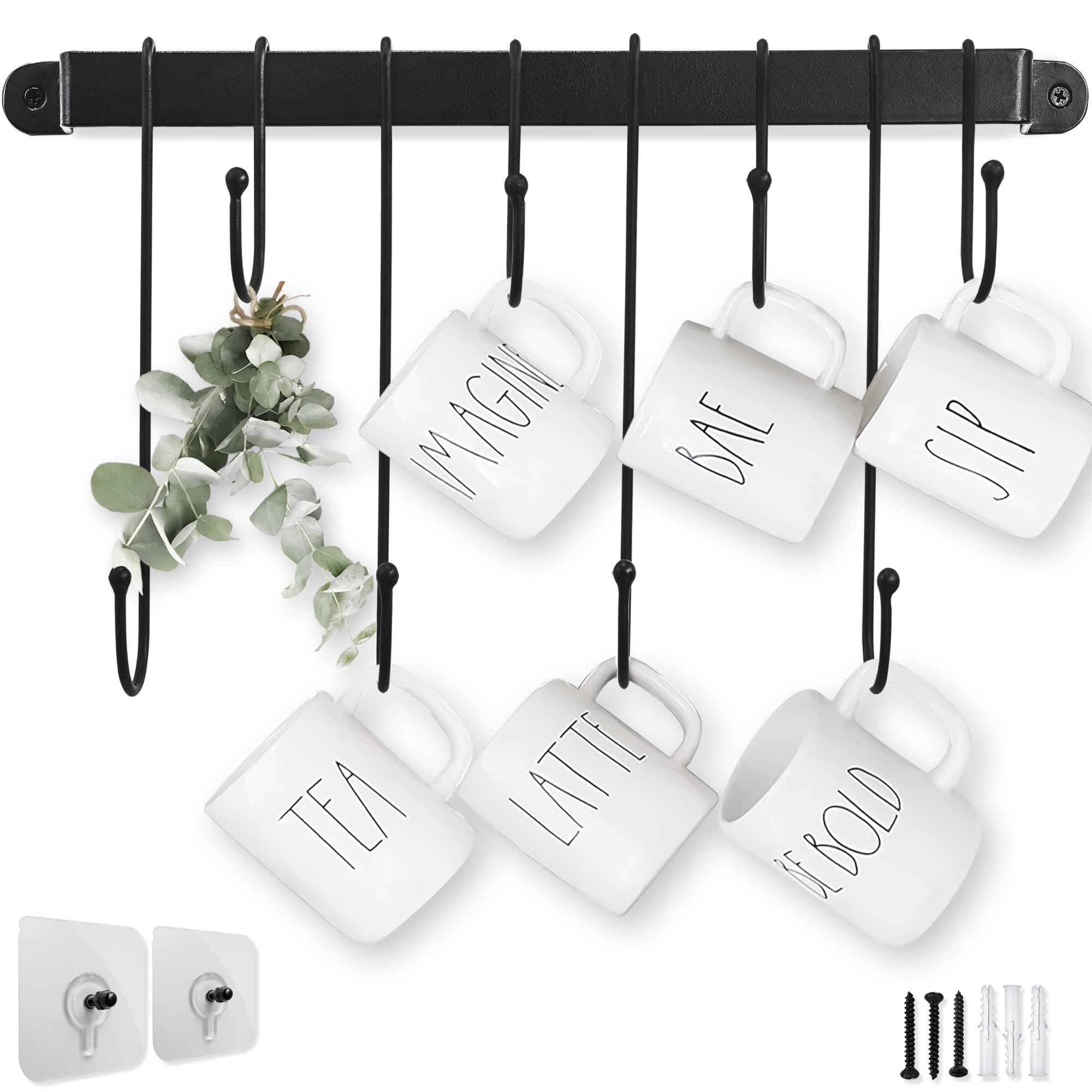 AJART Coffee Mug Holder for Wall: 17-Inch Black Coffee Bar Cup Hanger Hooks - Hanging Coffee Cup Rack Storage Organizer