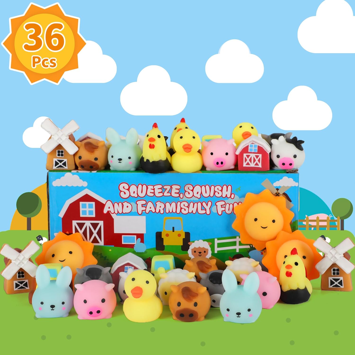 Erweicet 36 PCS Farm Animal Mochi Squishy Toys Stress Squishy Toys for Kids Party Favors