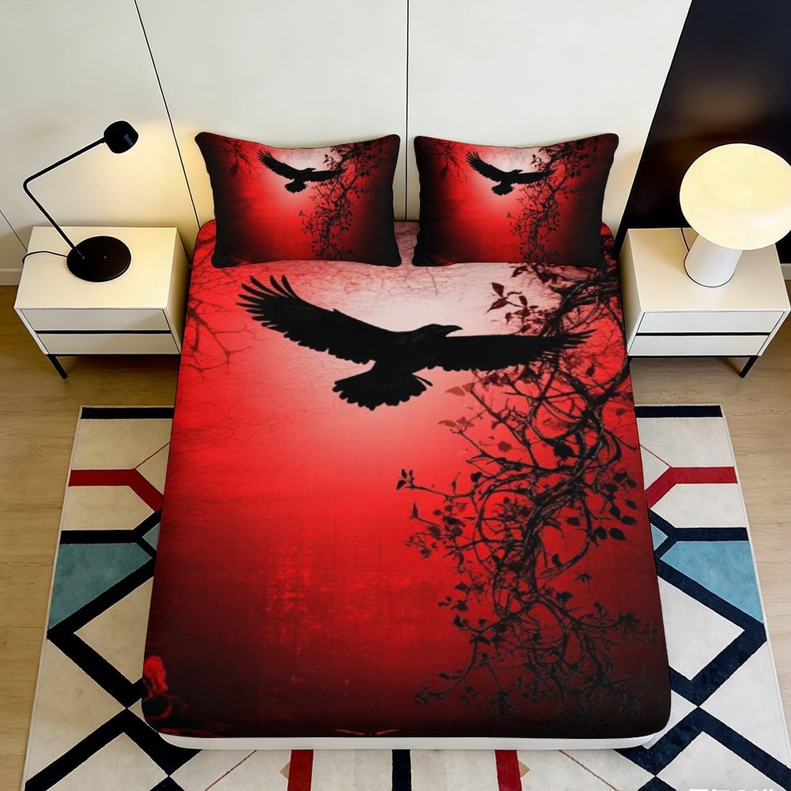 Pnayamiorkfel Style-3 3D Printed Red Raven Fitted Sheet Microfiber Black Bird Branch Mattress Cover For Bedroom Guest Room Decor 90X200x25cm
