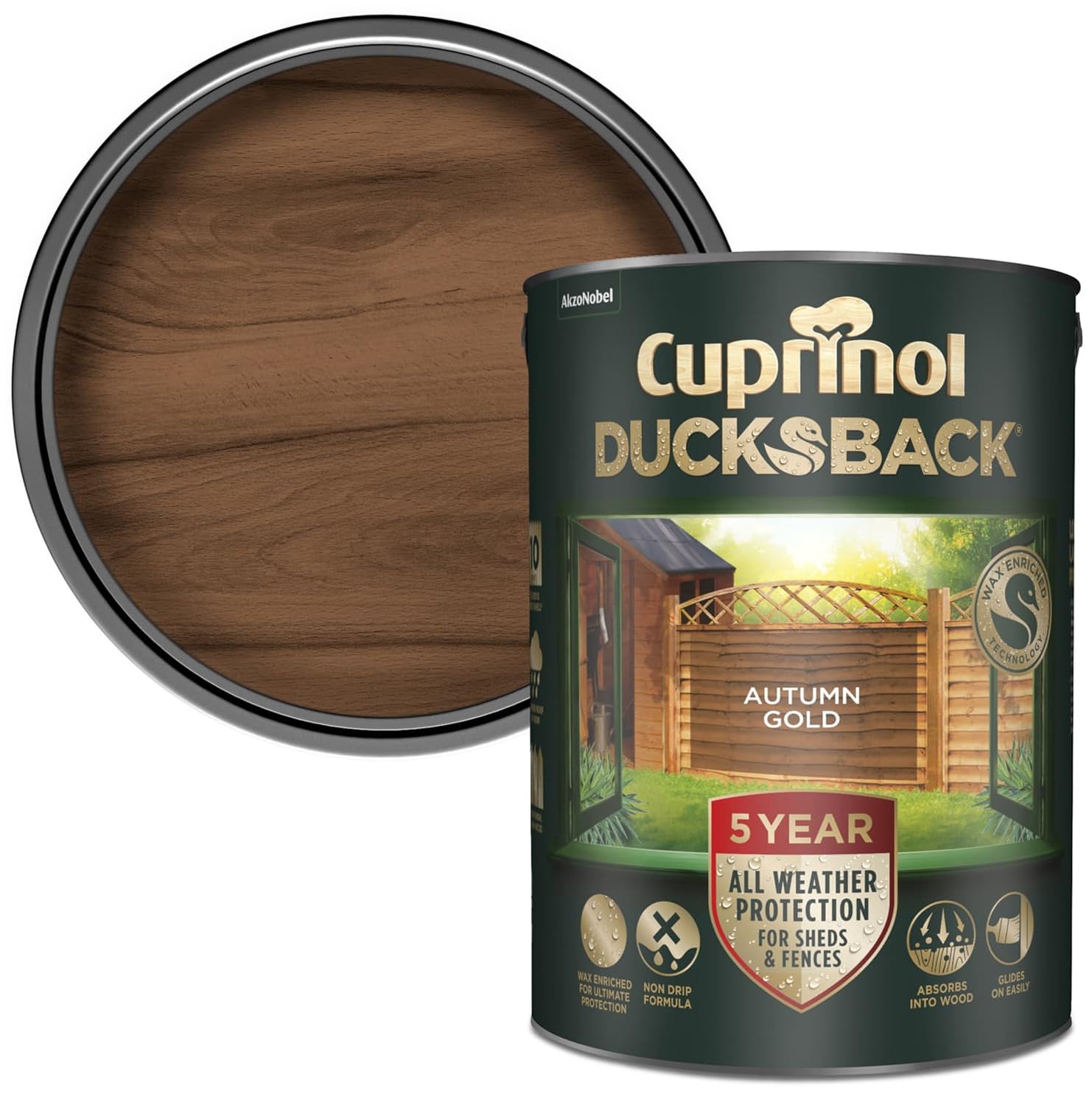 Shed & Fence Paint Autumn Gold 5L – Fence Paint, 5-Year Weatherproof, Wax-Enriched Non-Drip Formula, Quick-Dry, Water-Repellent Exterior Wood Treatment