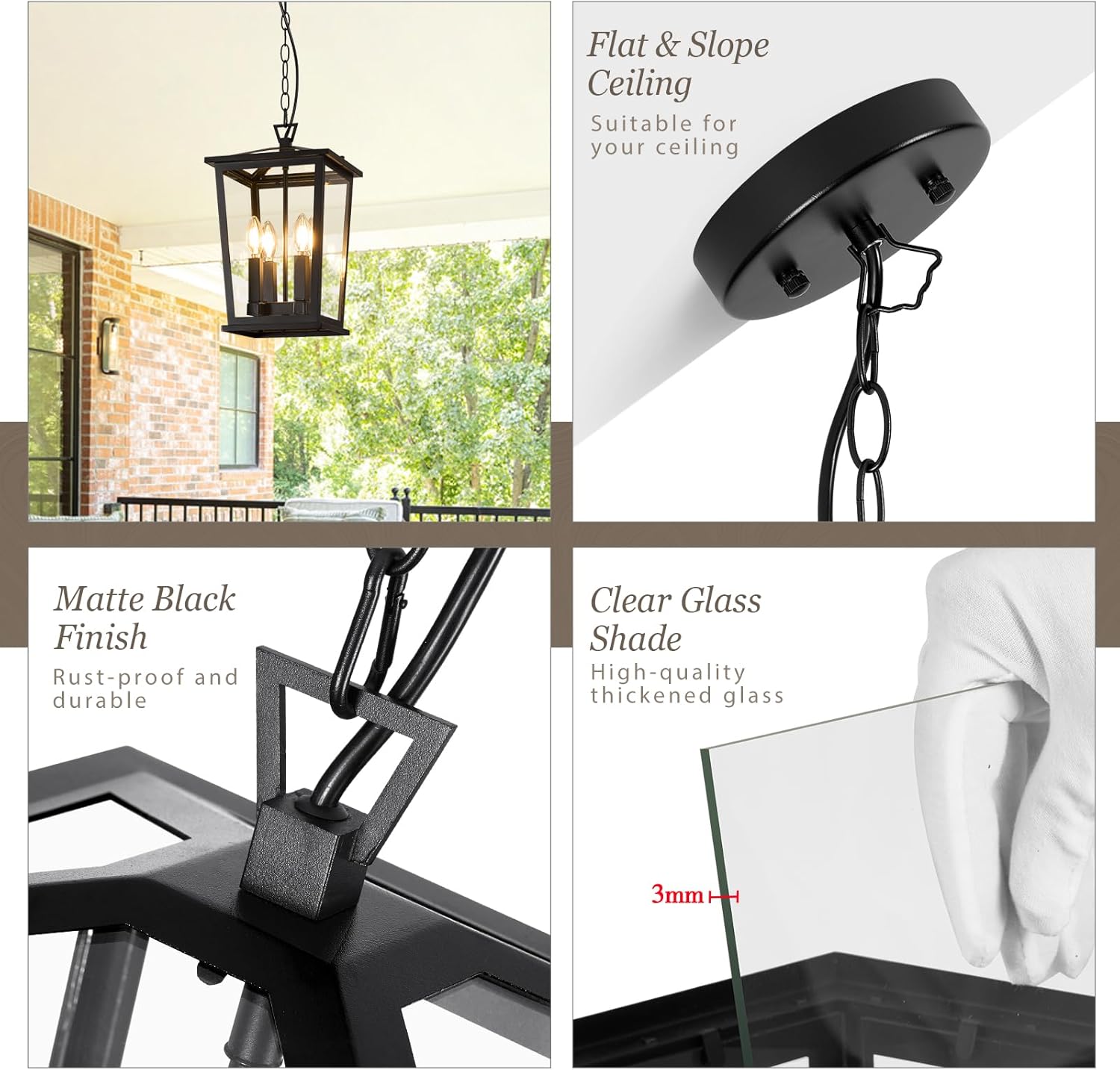 outdoor pendant lights for porch, 16" 4-light large outdoor chandelier with clear glass, black modern exterior hanging porch light with long chain for gazebo foyer, os-od2601-4hl black extra large-clear glass