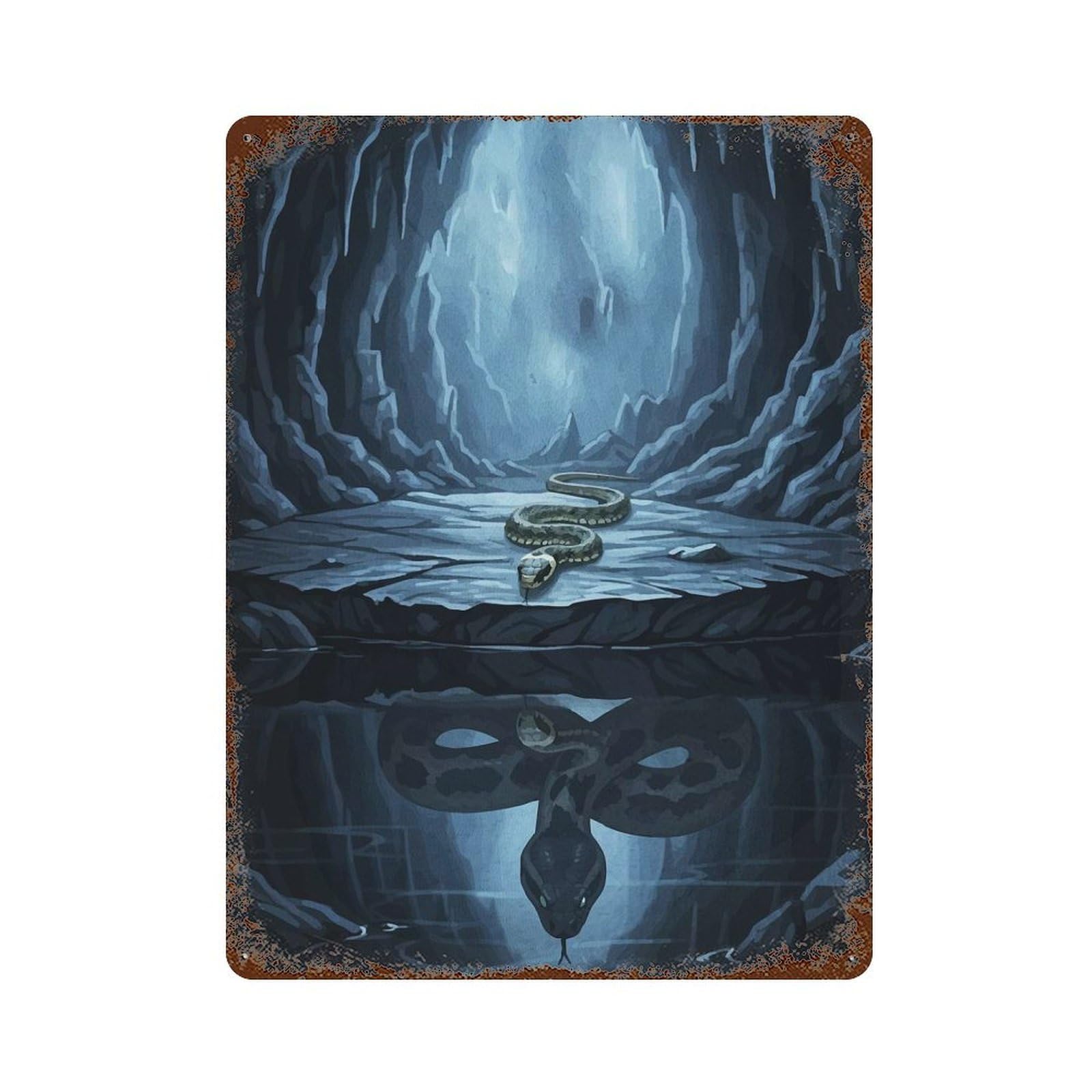 Rustic Tin Plaque with Snake Cave Water Reflection Design 15.7"x11.8", for Pub, Kitchen And Man Cave Decor, Old School Wall Decor