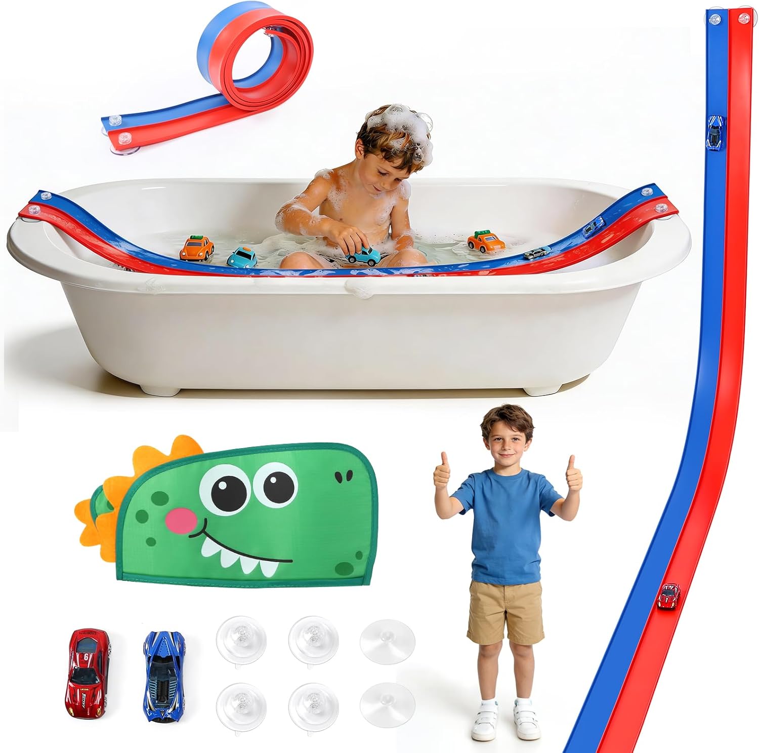 Race Car Bath Toy Set, Flex Race Track Car Set, Toddler Bath Toys, Kids Bathtub Gift,Accompanied by a mesh Storage Bag, Toy car, and Suction Cup, for Ages 3 & Up