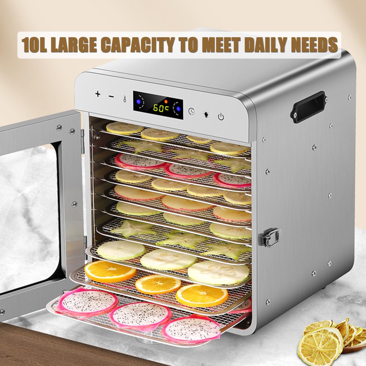 Deshidratador eléctrico de alimentos con 10 bandejas, deshidratador de snacks, deshidratador de frutas, verduras y carne, acero inoxidable, temporizador ajustable para frutas, verduras, carne y masc