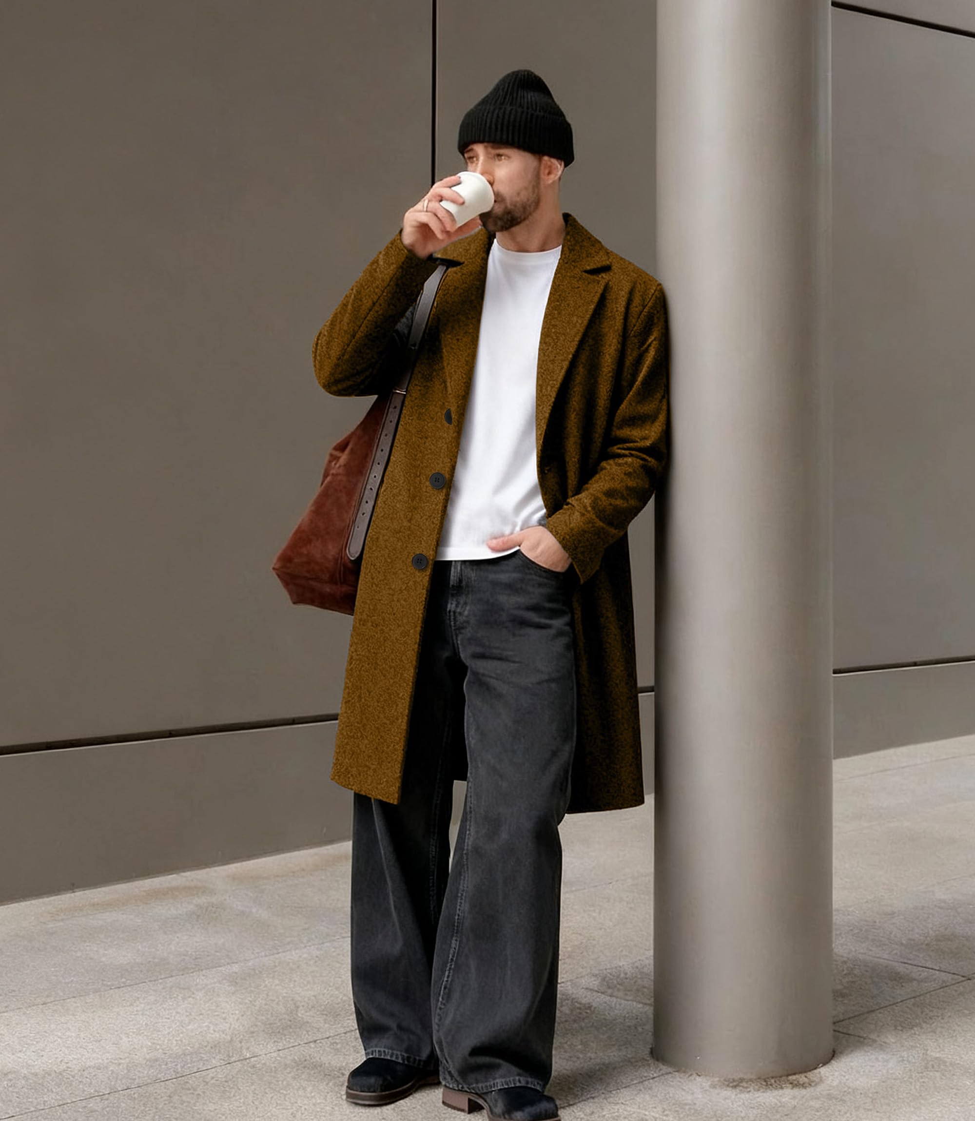 GLESTORE Mantel Herren Wintermantel Lang Trenchcoat Herrenmantel Winter Coat Men Khaki XL