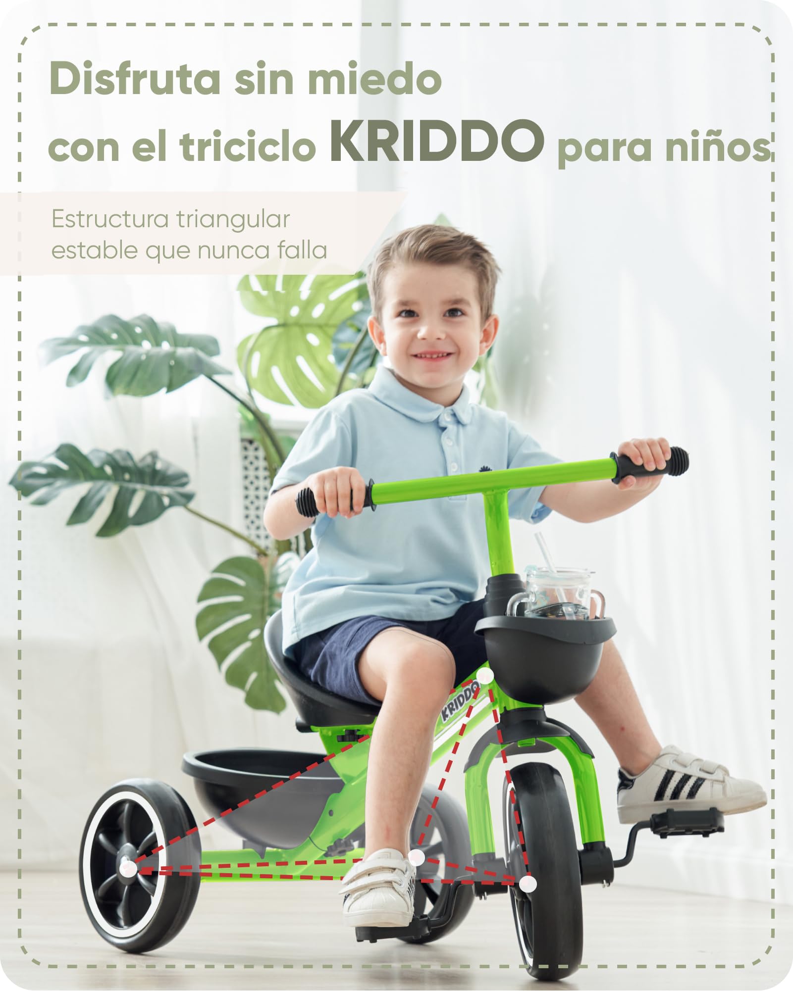 KRIDDO Triciclo Infantil para Niños de 2 a 5 Años, Triciclo para Niños y Niñas con Diseño Antivuelco, Asiento Ergonómico, Ruedas Silenciosas y Cesta, Regalo Infantil, Verde