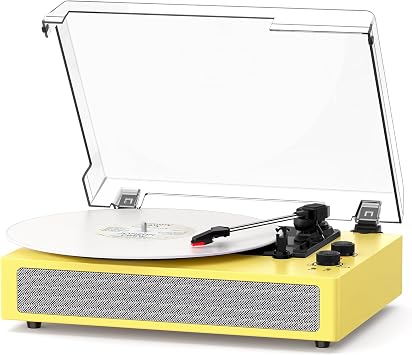 Vinyl Record Player with Built-in Stereo Speakers, Belt-Driven 3-Speed Turntable 33/45/78 RPM, Bluetooth Playback, AUX-in, RCA Out, Auto Stop Vintage LP Player, Golden Yellow