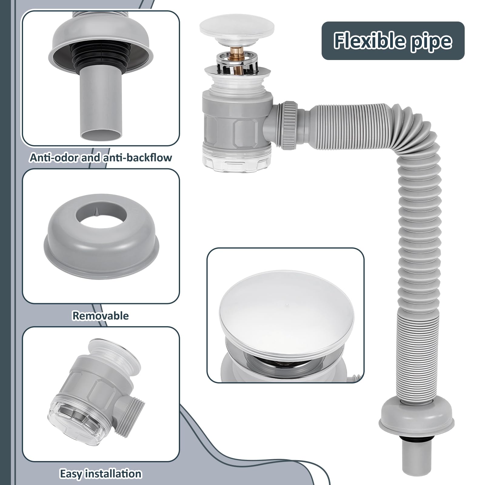 Confezione da 2 tappi per lavandino da bagno in acciaio inox con tubo flessibile per lavandino, adatto per 1-1/4 pollici e 1-1/2 pollici di scarico foro per lavandino installazione sanitaria