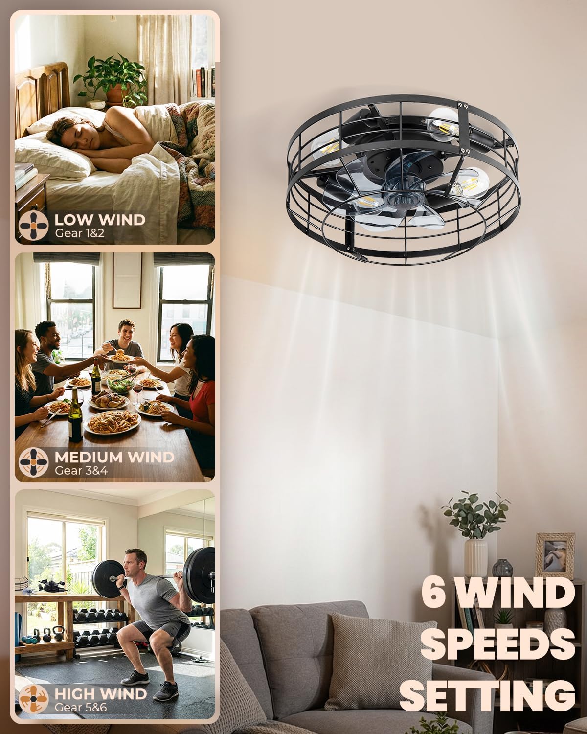 Caged Ceiling Fan with Light, 16 Inch Farmhouse Round Flush Mount Fan Lights Ceiling Fixtures, Need Assembly, 6 Speeds Reversible Motor Small Bladeless Ceiling Fans for Bedroom, Living Room