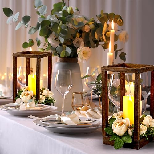 Miniatura 3 de Sabary 30 linternas de eucalipto para boda, centro de mesa, incluye portavelas de madera, sin pilas, velas, coronas de rosas para decoración de mesa