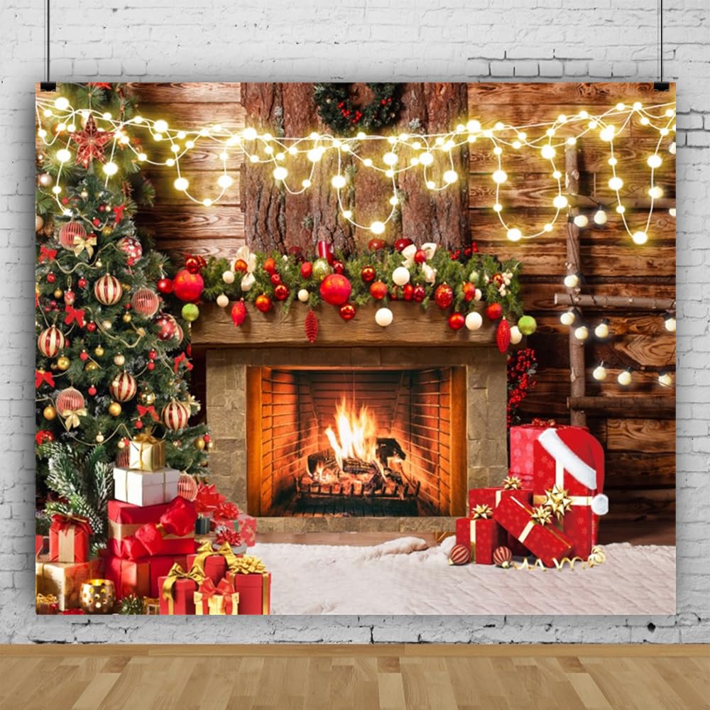 Renaiss 3 x 2,1 m sfondo per camino natalizio per servizi fotografici di Natale alberi di Natale regali rustico fienile camino fotografia sfondo Capodanno festa di Natale sfondo decorazione studio