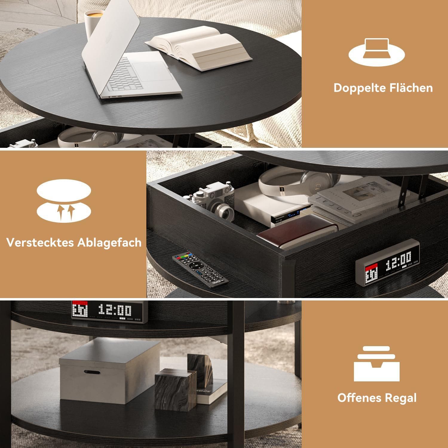 Couchtisch rund mit Hebeplatte und Stauraum, Schwarz
