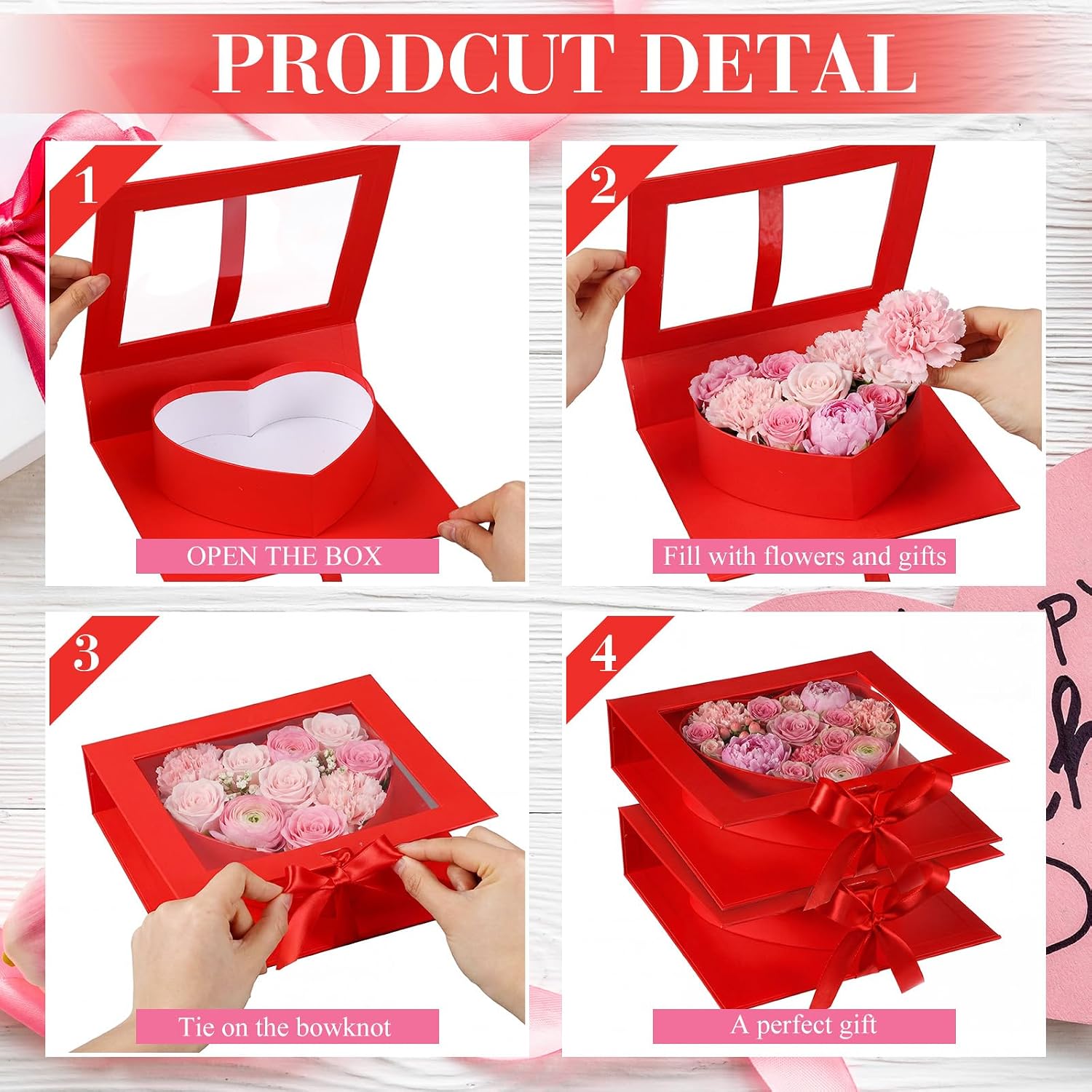 Mooliwe 6 Pack Heart Shaped Flower Gift Box, Bridesmaid Groomsmen Proposal Box, Treat Fillable Gift Packaging Boxes with Ribbon Cardboard for Wedding Birthday Love Favors(Red)