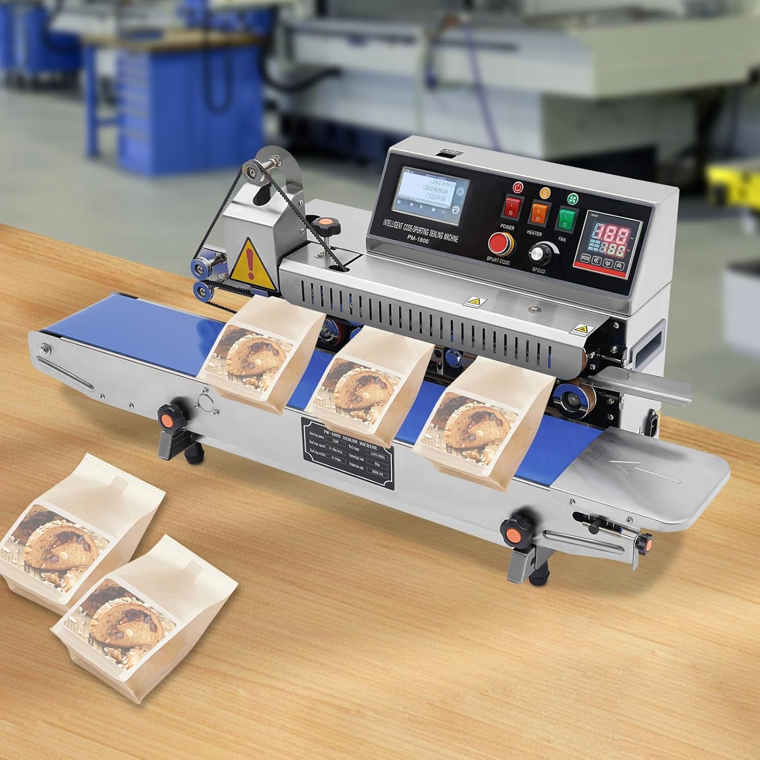 Sigillatrice Orizzontale Automatica per Sacchetti - Macchina Termosaldatrice Commerciale da 750 W A Riscaldamento Continuo per Uso Industriale, Sigillatrice A Nastro Silver