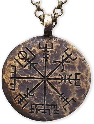 Baldur Jewelry Collar de brújula Vegvisir con textura martillada a mano hecha a mano Colgante de latón Cadena de 22 pulgadas Joyería vikinga